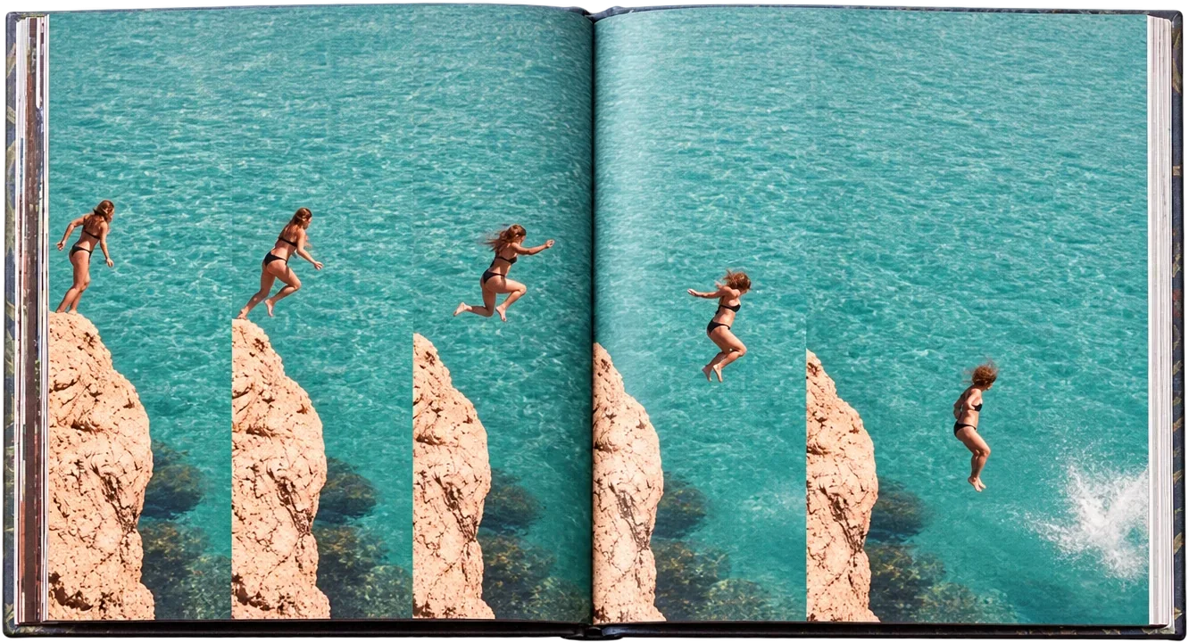 An open printed book: six frames of a cliff jump running across both pages